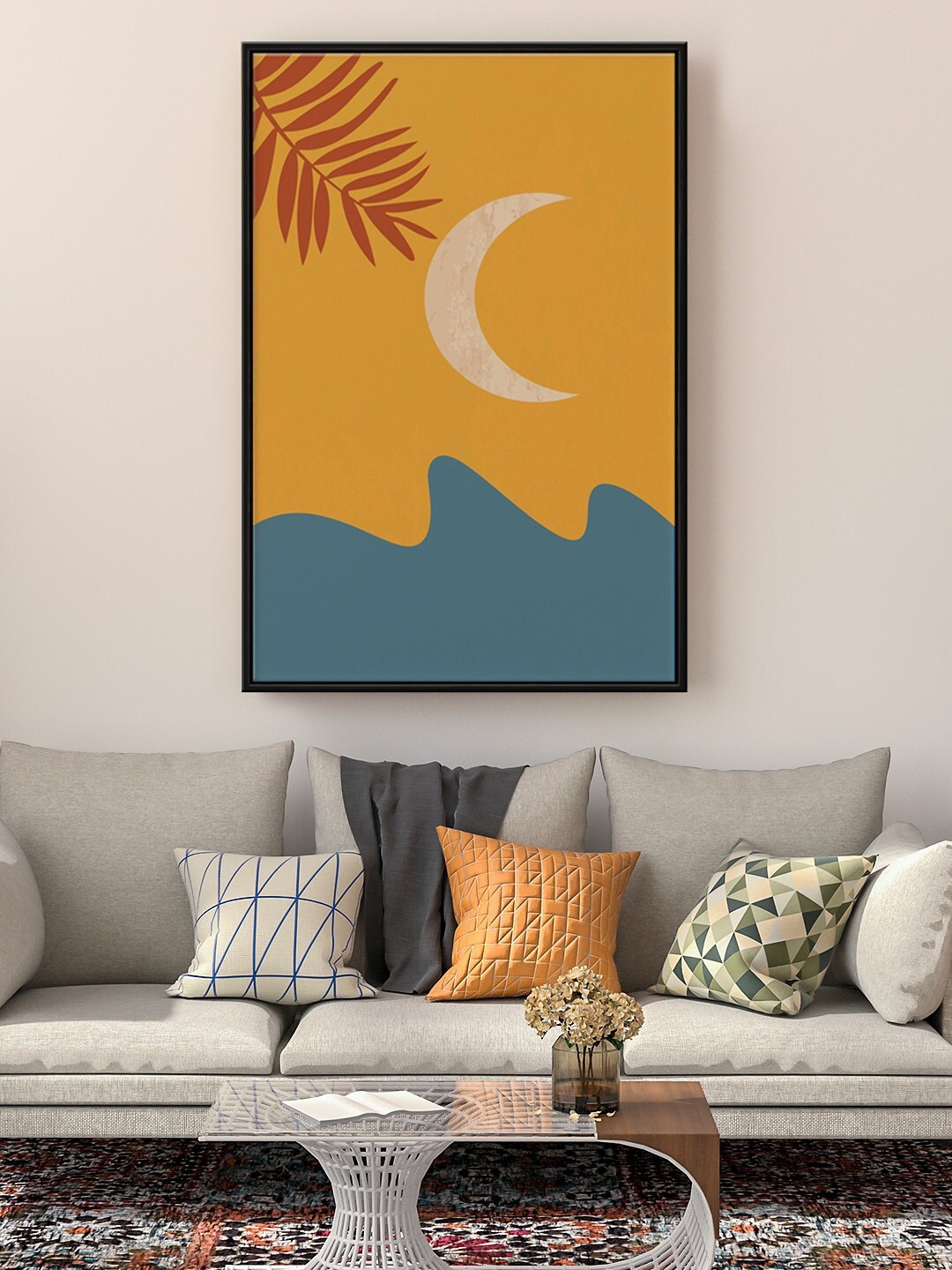 

999Store Floating Frame Mustard & Blue Mountain With Half Moon Leaves Wall Art