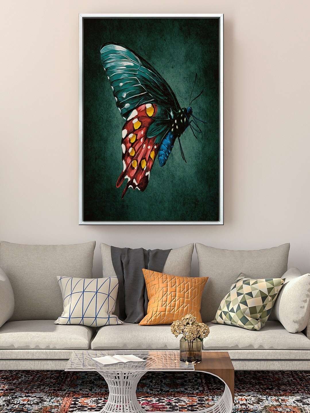 

999Store Blue & Green Colourful Butterfly Painting Floating Framed Wall Art