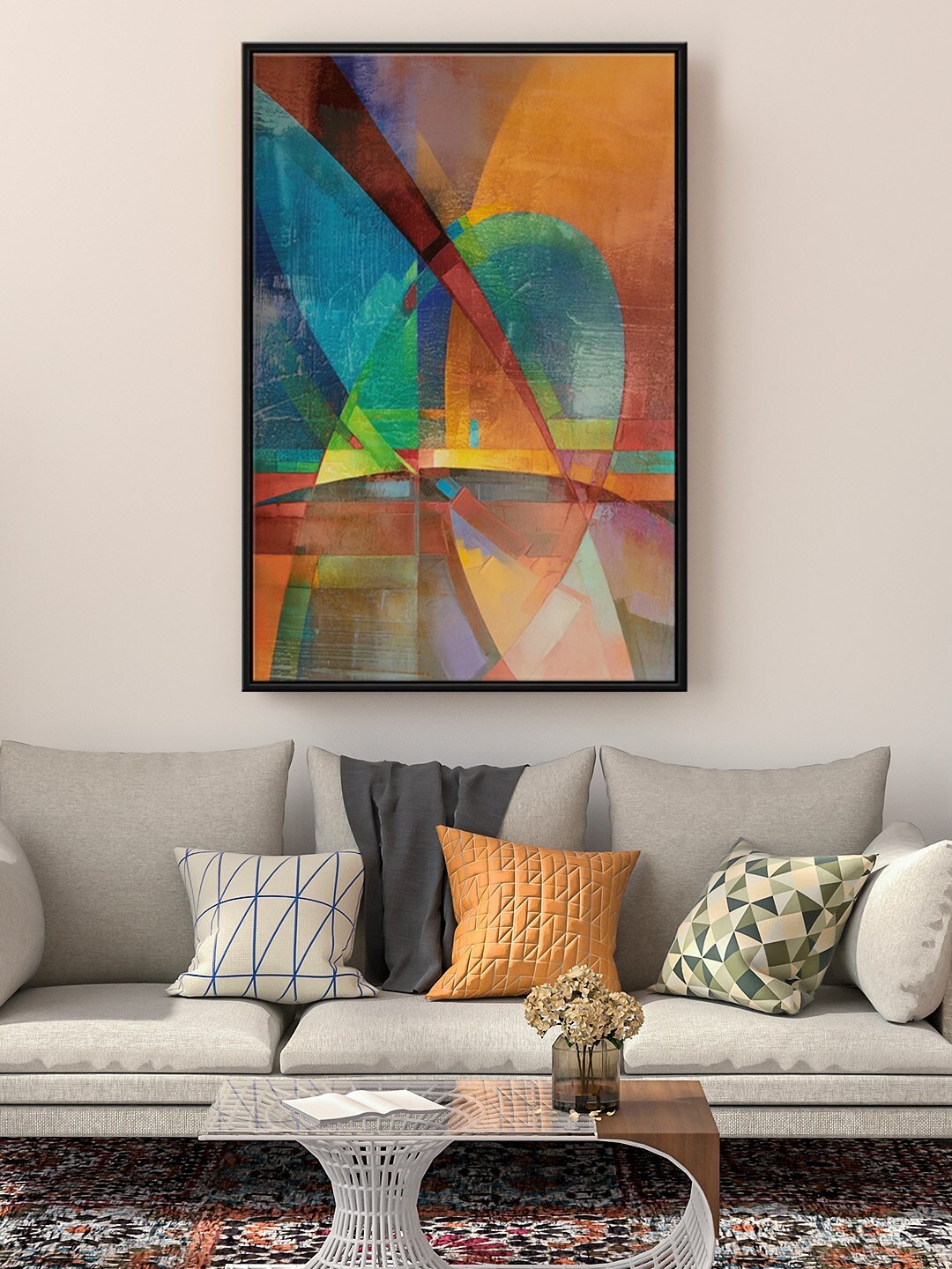 

999Store Orange Coloured & Blue Abstract Painting Floating Framed Wall Art
