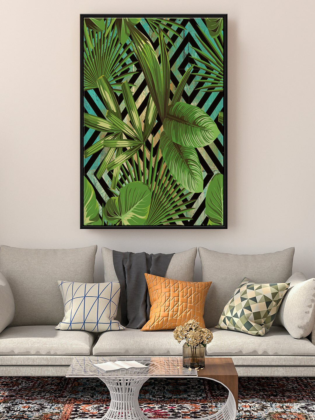 

999Store Green & Black Tropical Palm Leaves Painting Floating Framed Wall Art