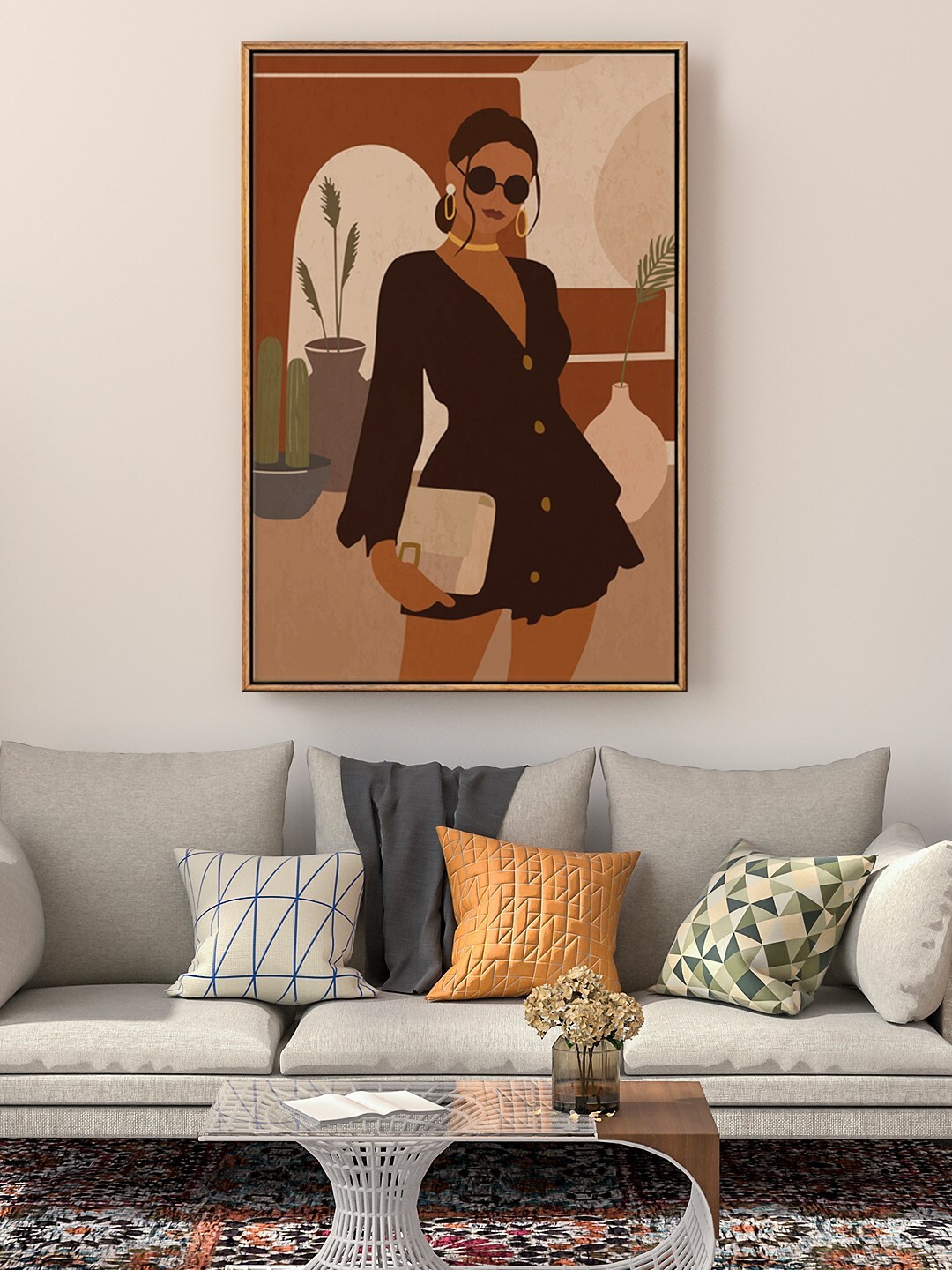 

999Store Brown & Beige Fashion Girl Painting Floating Framed Wall Art