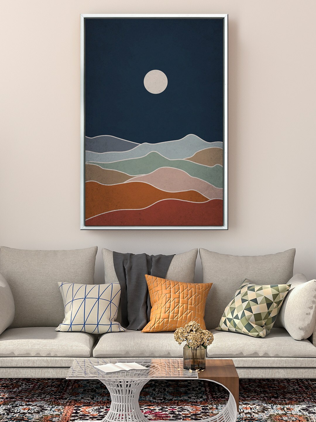

999Store Blue Printed Mountain And Full Moon Painting Floating Framed Wall Art