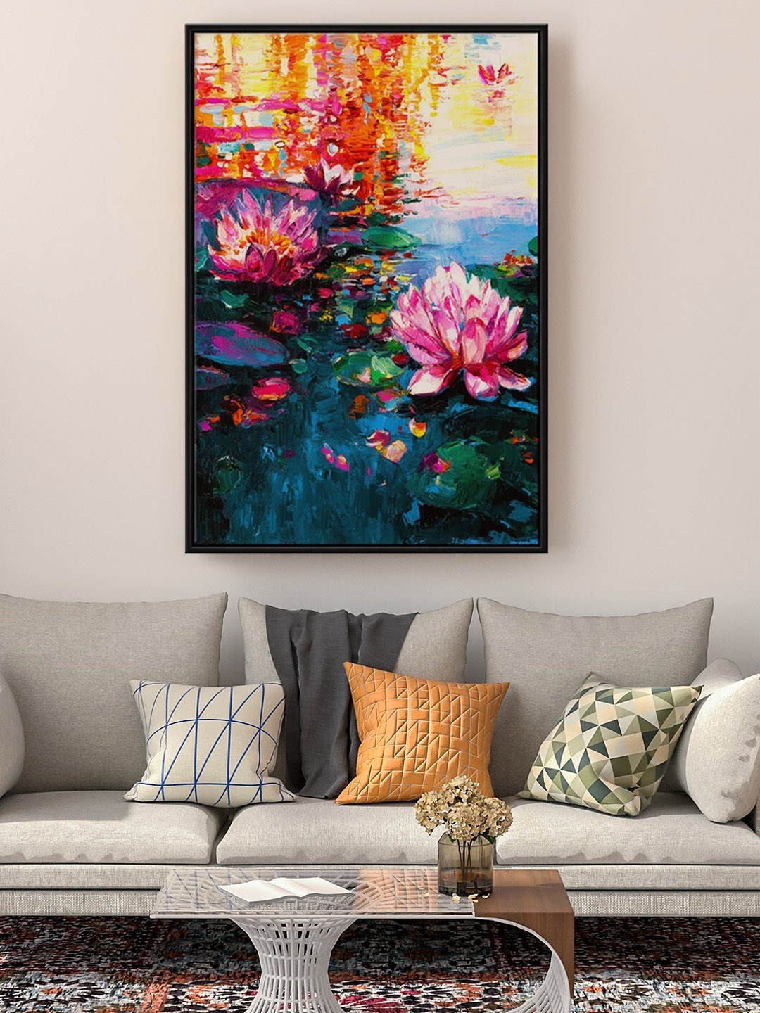 

999Store Blue & Pink Lotus Flower Water Lilies Painting Floating Framed Wall Art