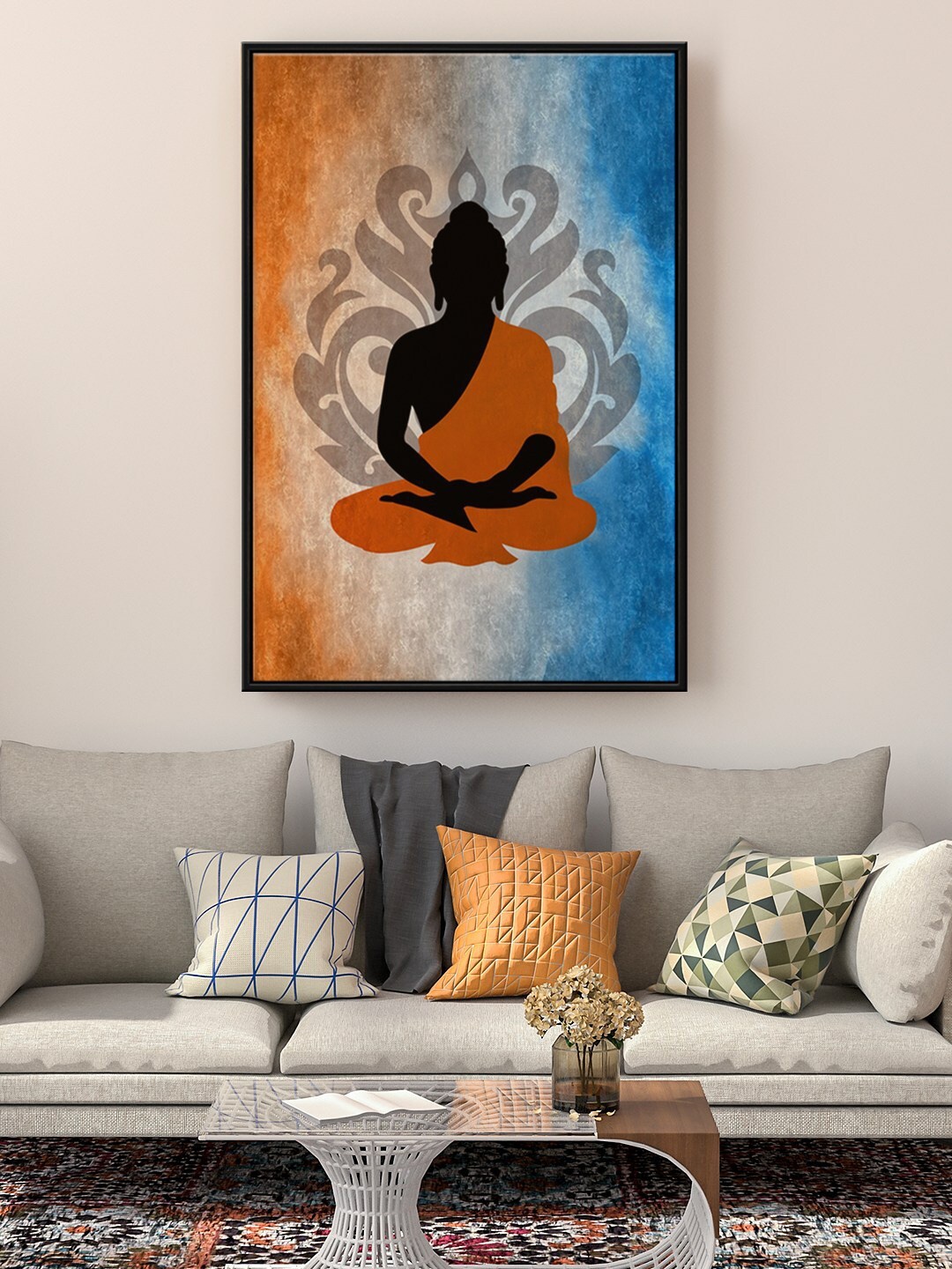 

999Store Red & Blue Gautam Buddha Painting Floating Framed Wall Art