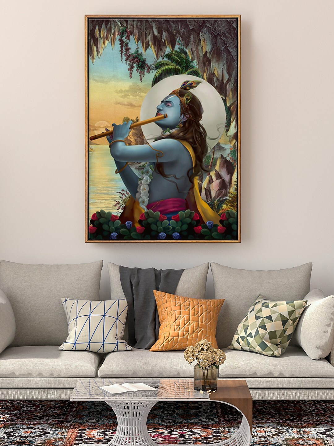

999Store Black & Blue Lord Krishna Playing Flute Painting Floating Framed Wall Art