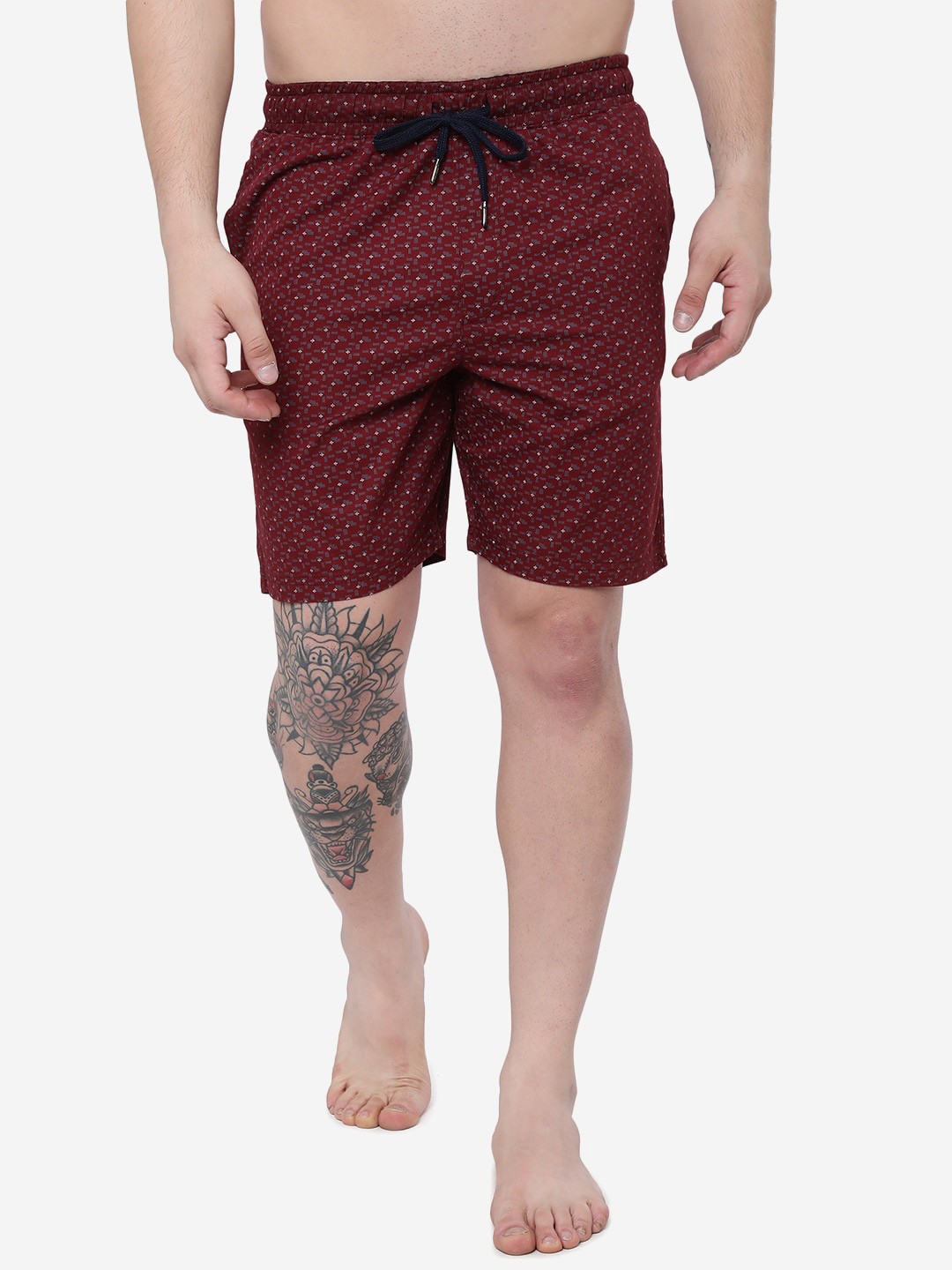 

JADE BLUE Men Printed Slim Fit Pure Cotton Lounge Shorts, Maroon