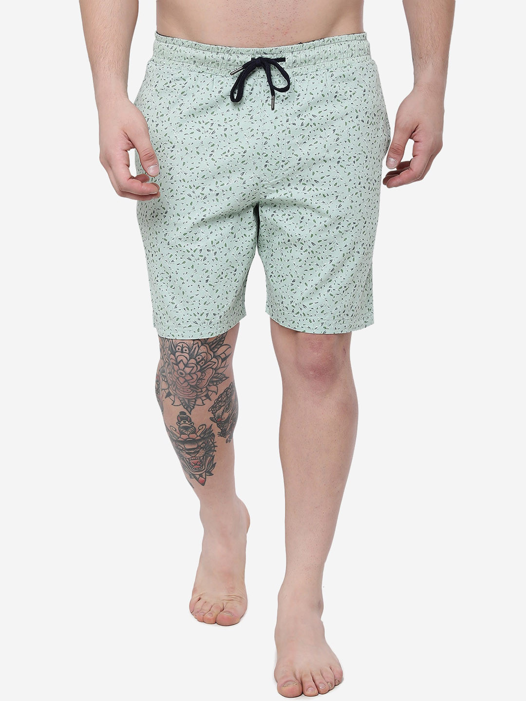 

JADE BLUE Men Printed Slim Fit Pure Cotton Lounge Shorts, Green