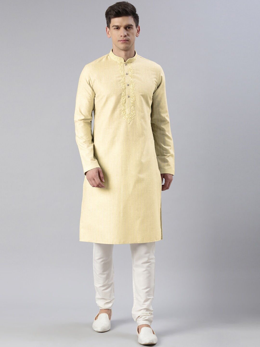 

TheEthnic.Co Embroidered Pure Cotton Kurta with Churidar, Yellow