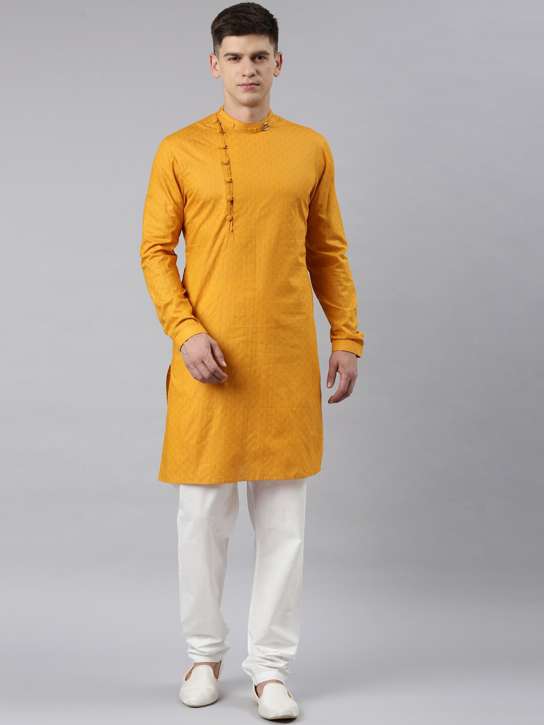 

TheEthnic.Co Self Design Mandarin Collar Kurta With Churidar, Yellow