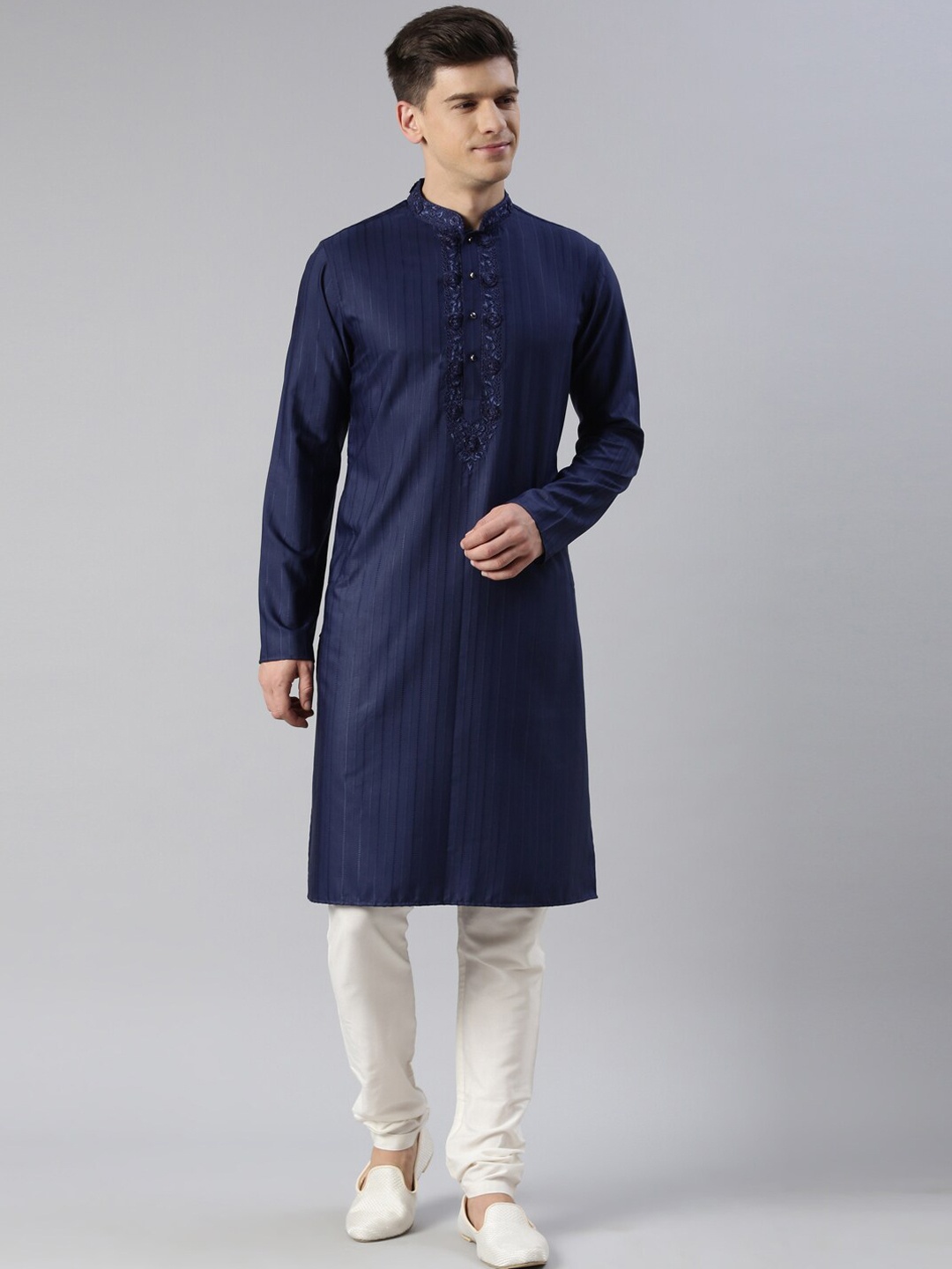 

TheEthnic.Co Embroidered Pure Cotton Kurta with Churidar, Navy blue