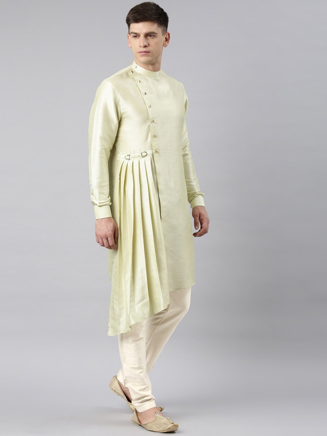 

TheEthnic.Co Mandarin Collar Angrakha Kurta with Churidar, Cream