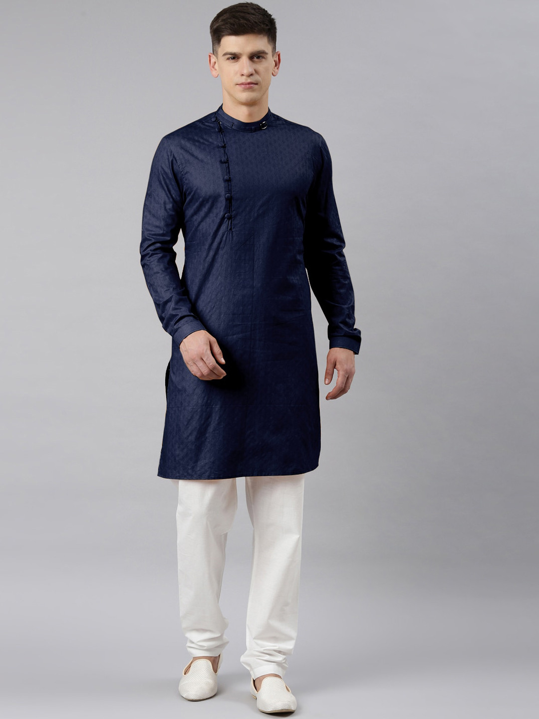 

TheEthnic.Co Self Design Angrakha Pure Cotton Kurta with Churidar, Navy blue
