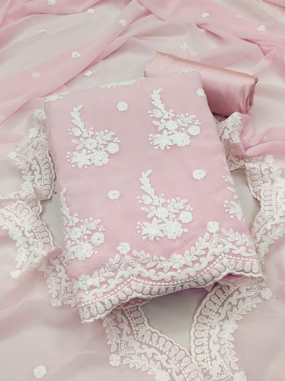 

MORLY Rose & White Embroidered Organza Unstitched Dress Material