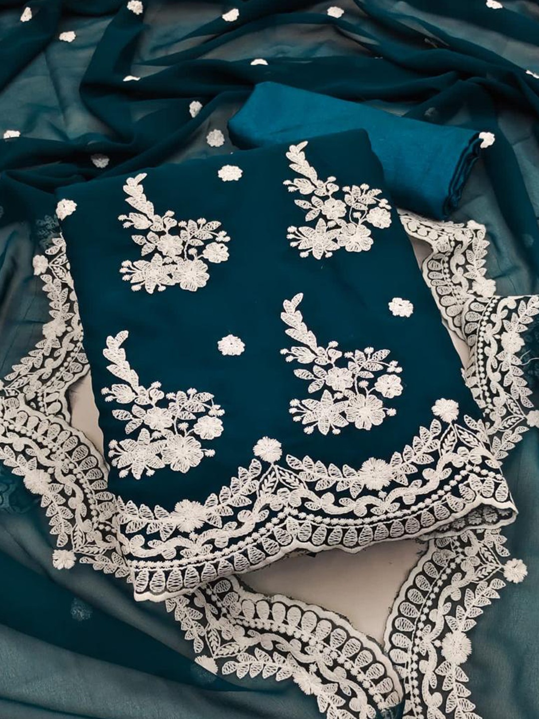 

MORLY Green & Silver-Toned Embroidered Organza Unstitched Dress Material