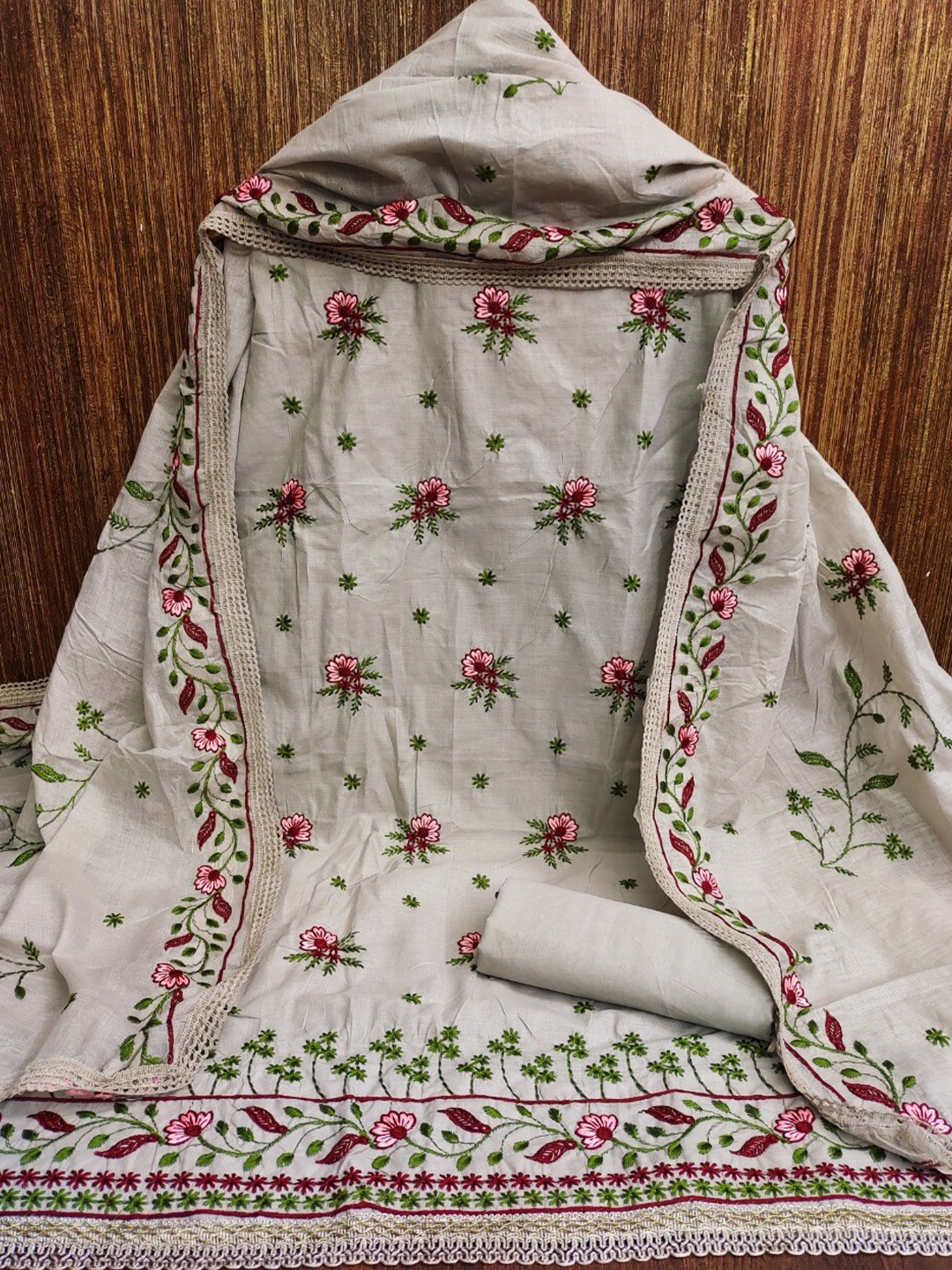 

MORLY Off White & Green Embroidered Unstitched Dress Material