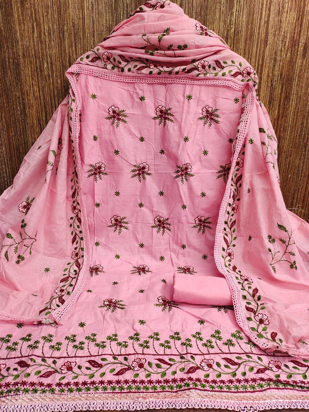

MORLY Pink & Green Embroidered Unstitched Dress Material