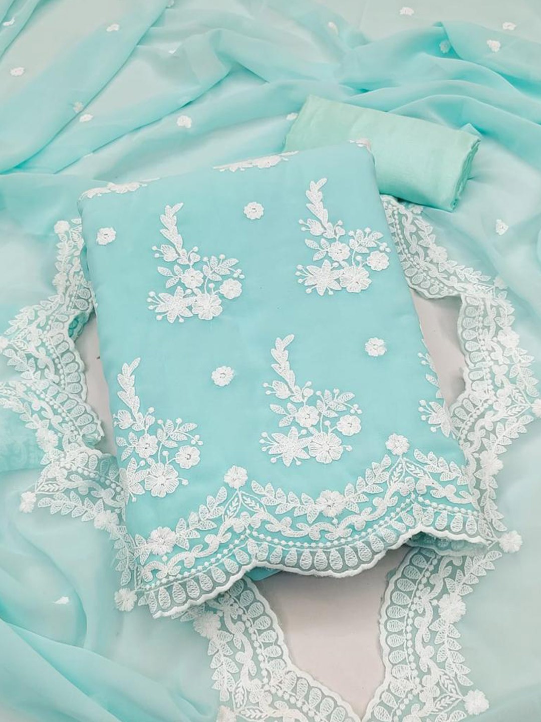 

MORLY Turquoise Blue & White Embroidered Organza Unstitched Dress Material