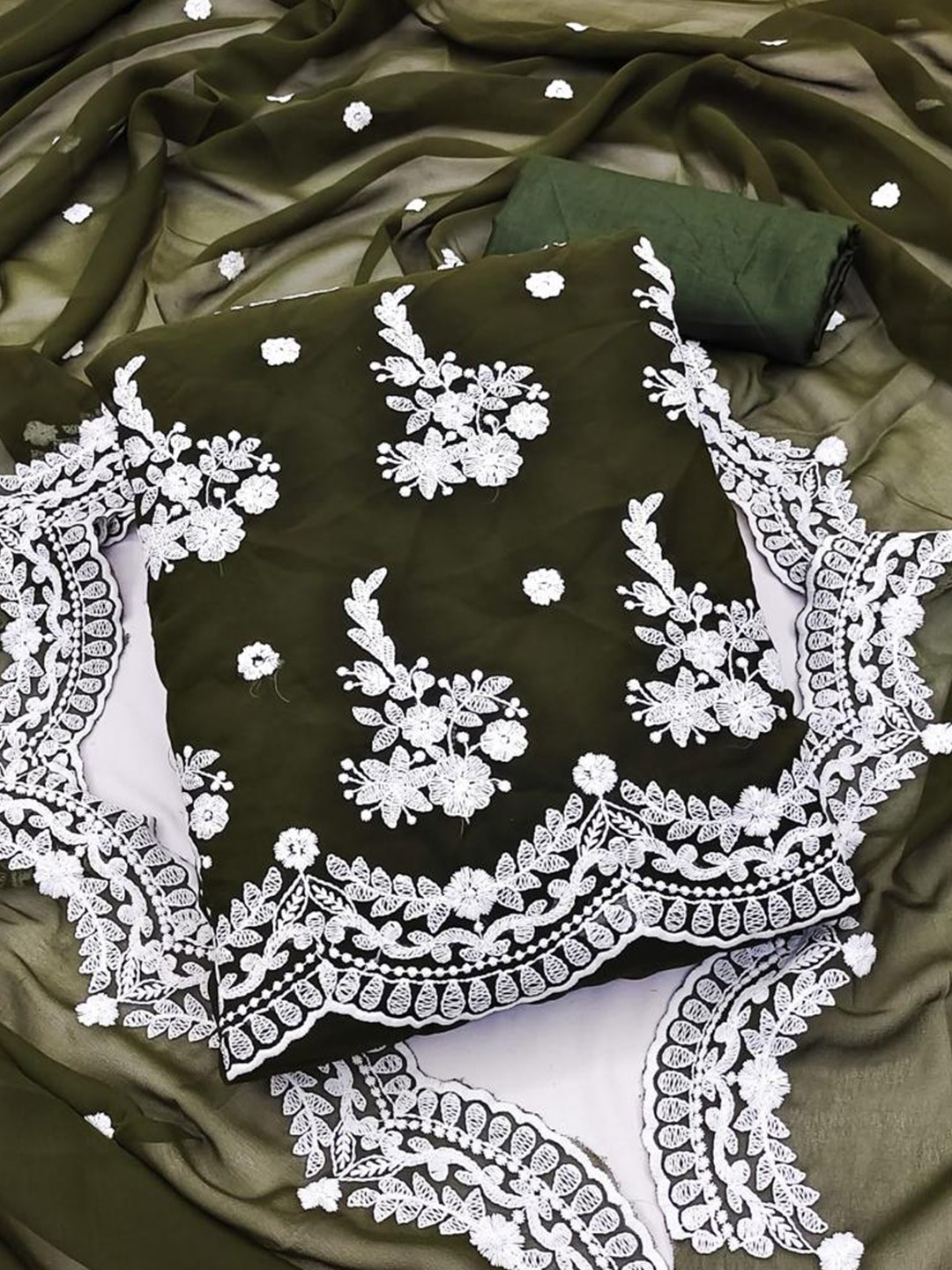 

MORLY Olive Green & White Embroidered Organza Unstitched Dress Material