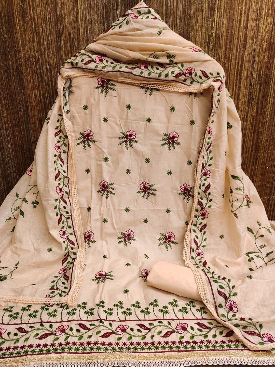

MORLY Orange & Green Embroidered Unstitched Dress Material