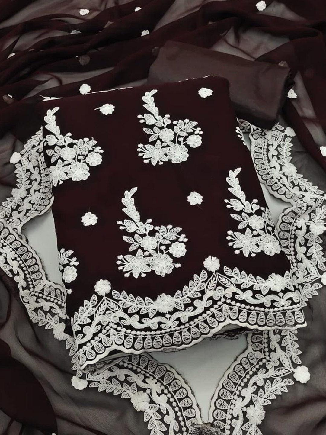 

MORLY Brown & White Embroidered Organza Unstitched Dress Material