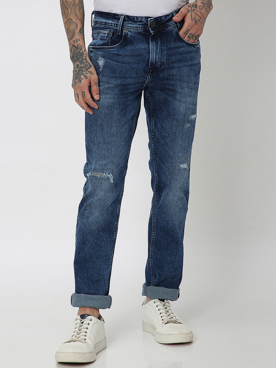 

Mufti Men Mid-Rise Slim Fit Low Distress Heavy Fade Stretchable Jeans, Blue
