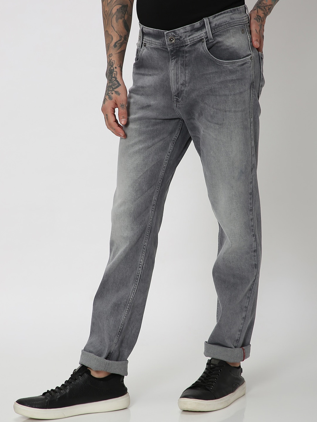 

Mufti Men Straight Fit Mid-Rise Heavy Fade Clean Look Stretchable Jeans, Grey