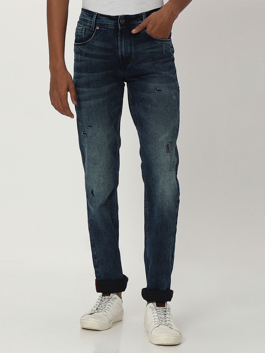 Mufti Men Slim Fit Heavy Fade Clean Look Whiskers Stretchable Jeans, Blue