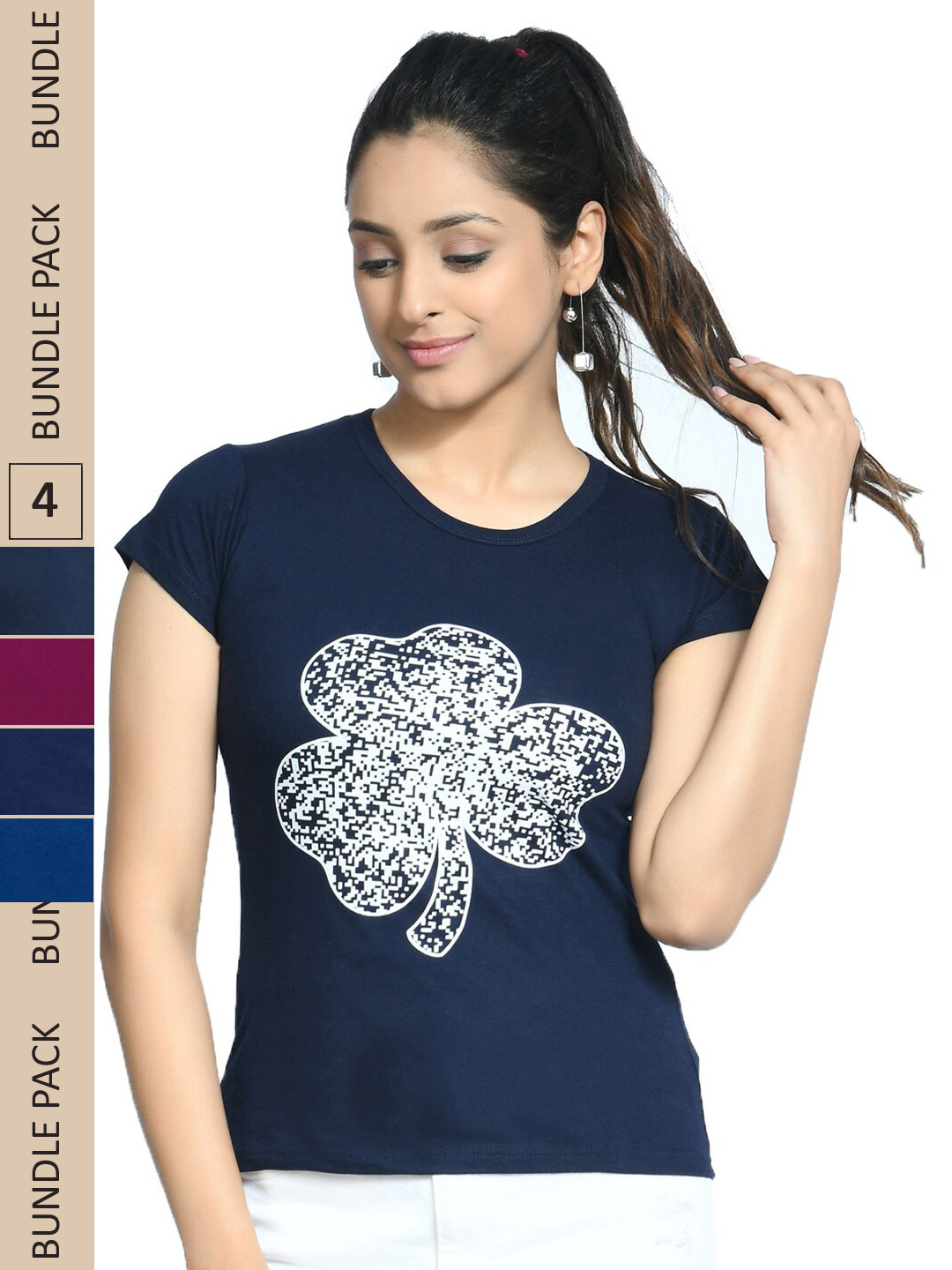 

IndiWeaves Pack Of 4 Floral Printed Pure Cotton T-shirt, Navy blue