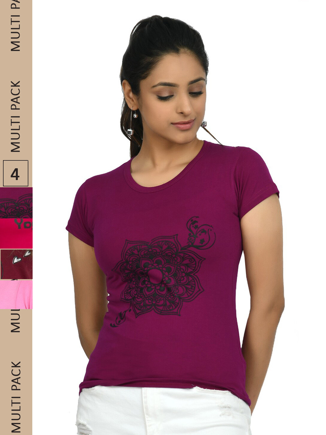 

IndiWeaves Pack of 4 Printed Pure Cotton T-shirts, Magenta