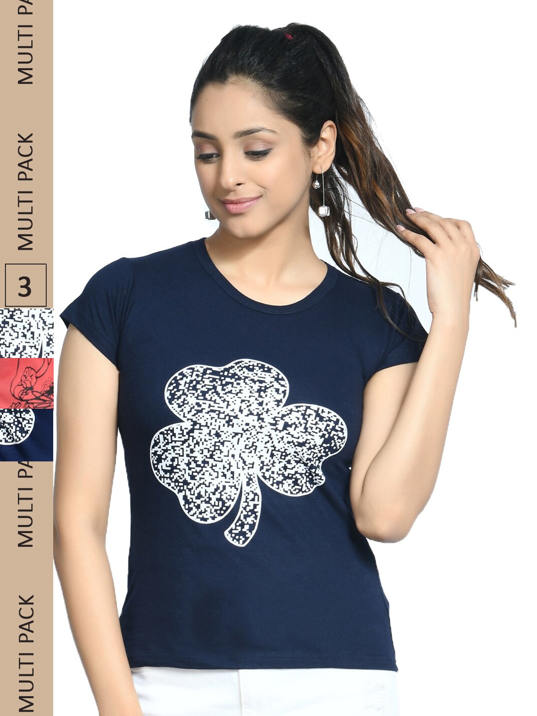 

IndiWeaves Pack Of 3 Graphic Printed Pure Cotton T-shirt, Navy blue