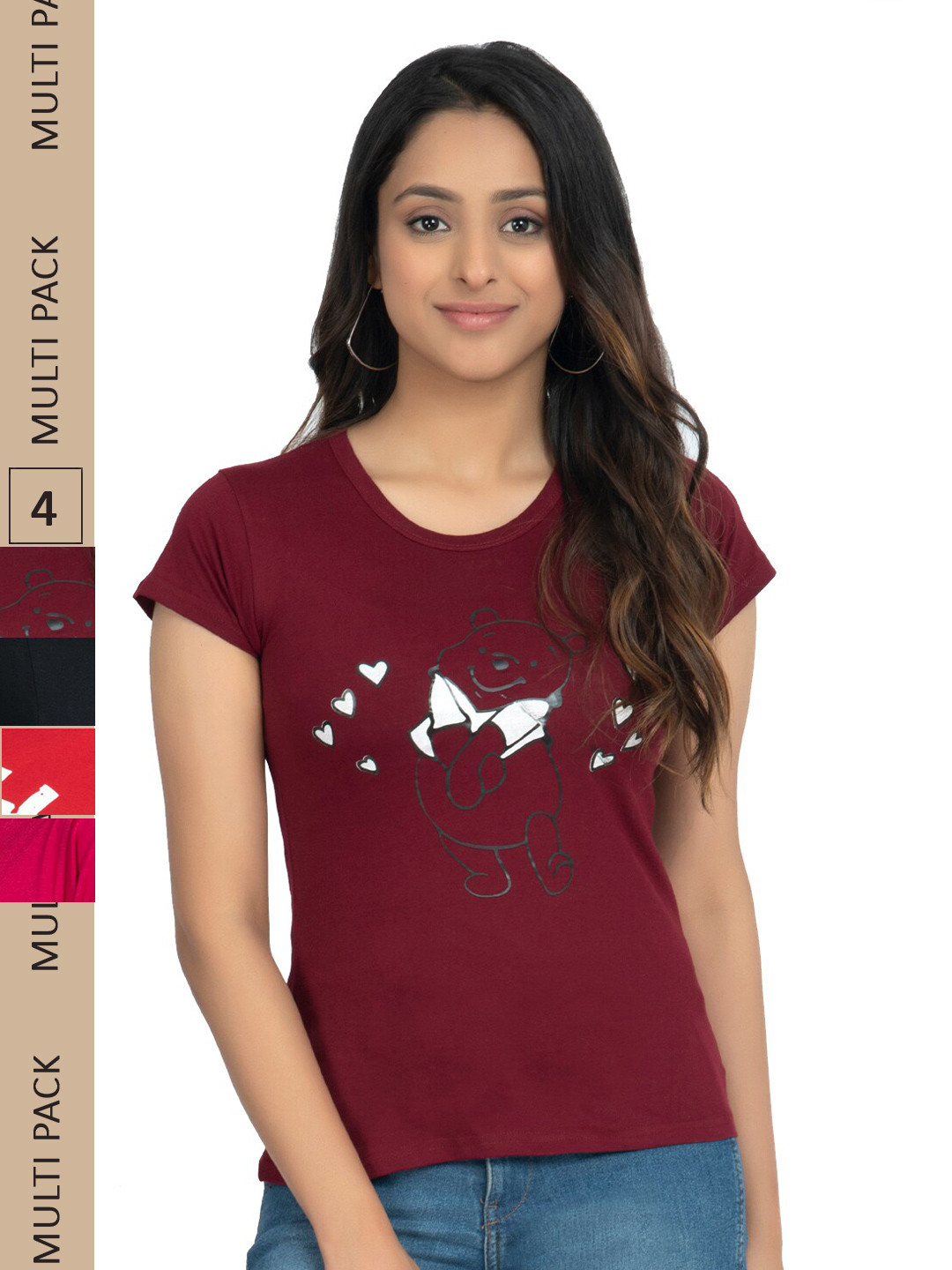 

IndiWeaves Pack Of 4 Printed Polo Collar Pure Cotton T-shirt, Maroon