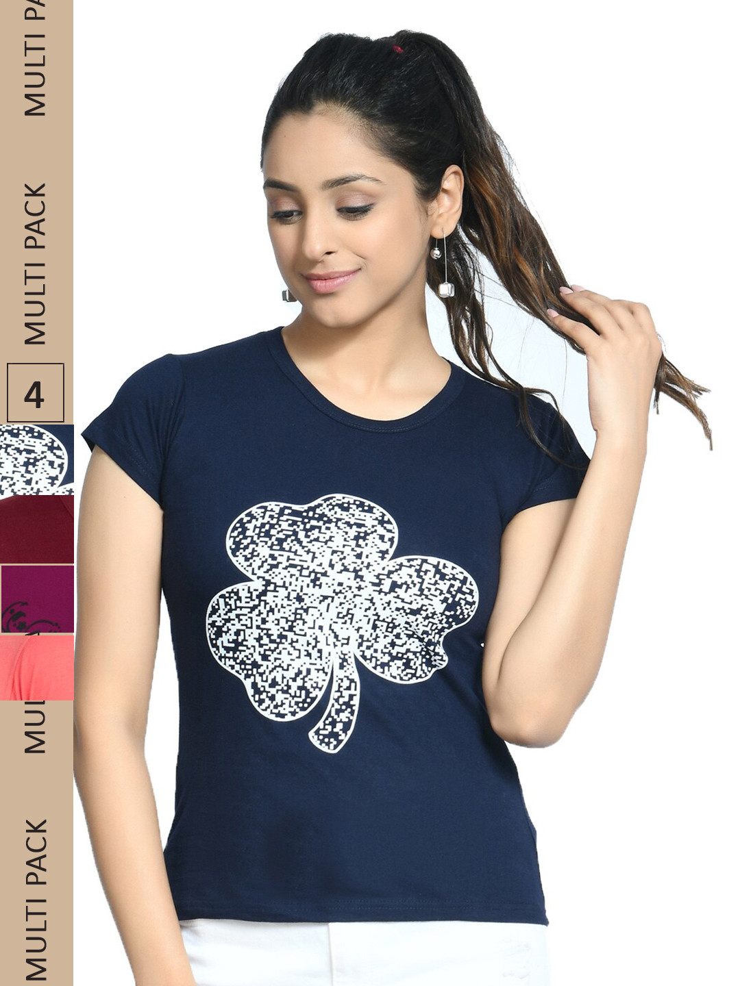 

IndiWeaves Pack Of 4 Printed Polo Collar Pure Cotton T-shirt, Navy blue