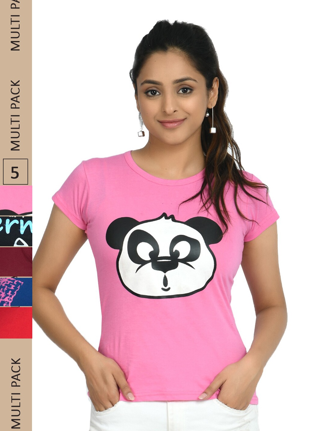 

IndiWeaves Pack Of 5 Printed Pure Cotton T-shirt, Pink