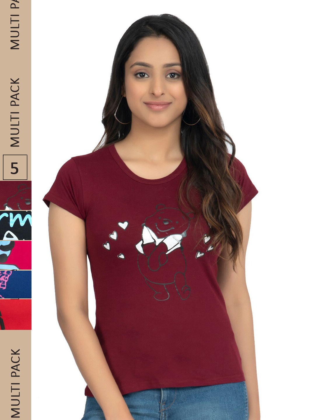 

IndiWeaves Pack of 5 Printed Pure Cotton T-shirts, Maroon