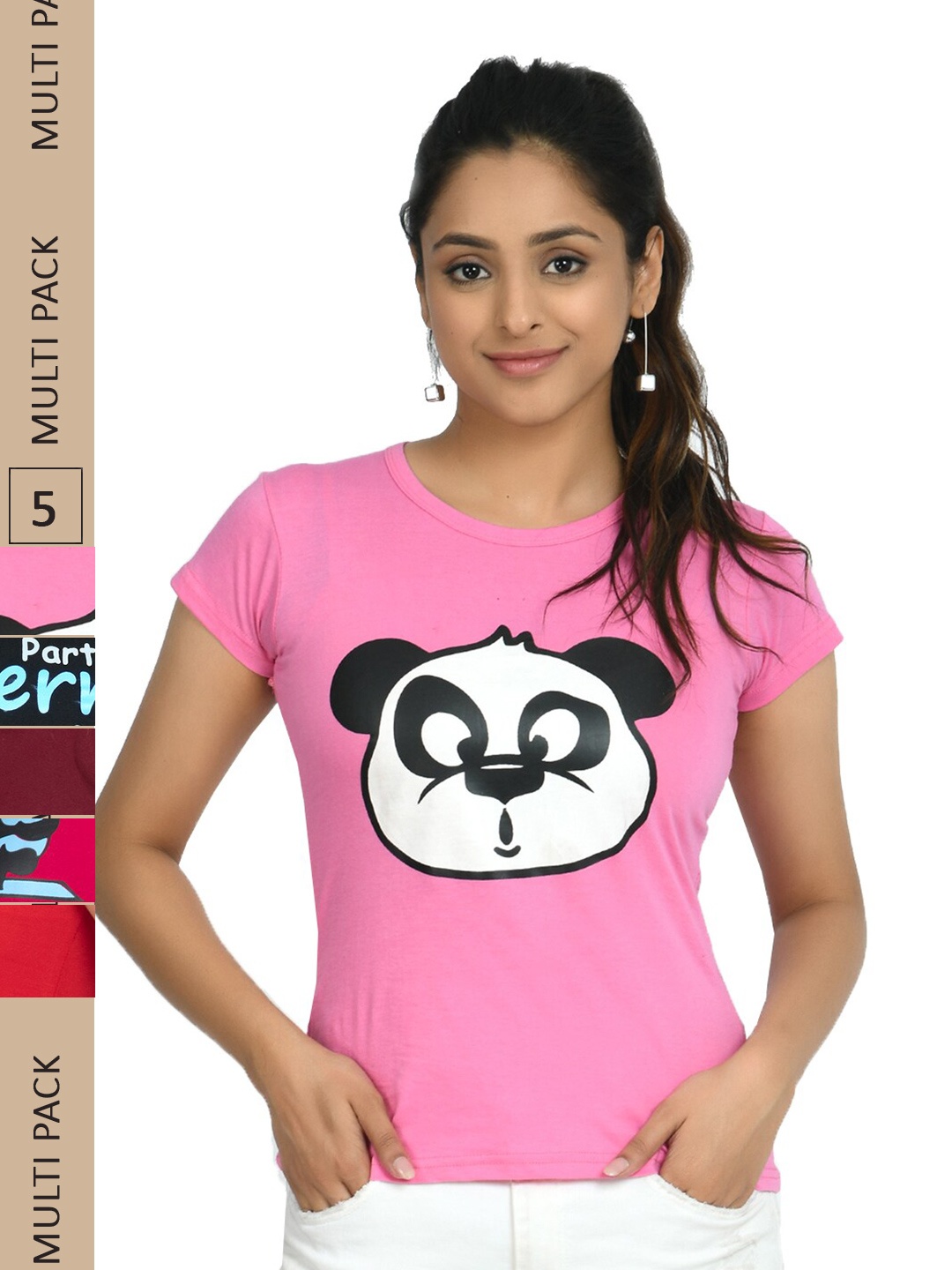 

IndiWeaves Pack Of 5 Printed Pure Cotton T-shirt, Pink