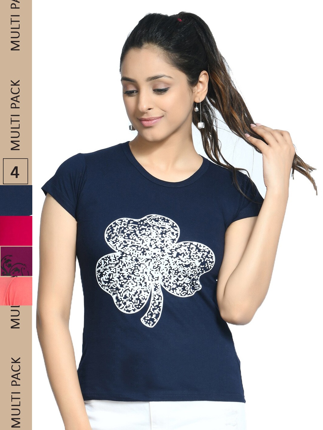 

IndiWeaves Pack Of 4 Printed Pure Cotton T-shirt, Navy blue