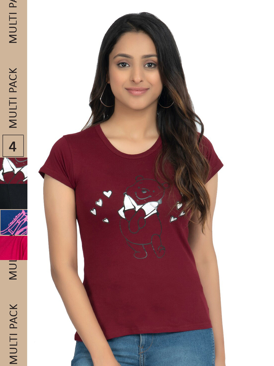 

IndiWeaves Pack Of 4 Printed Pure Cotton T-shirt, Maroon
