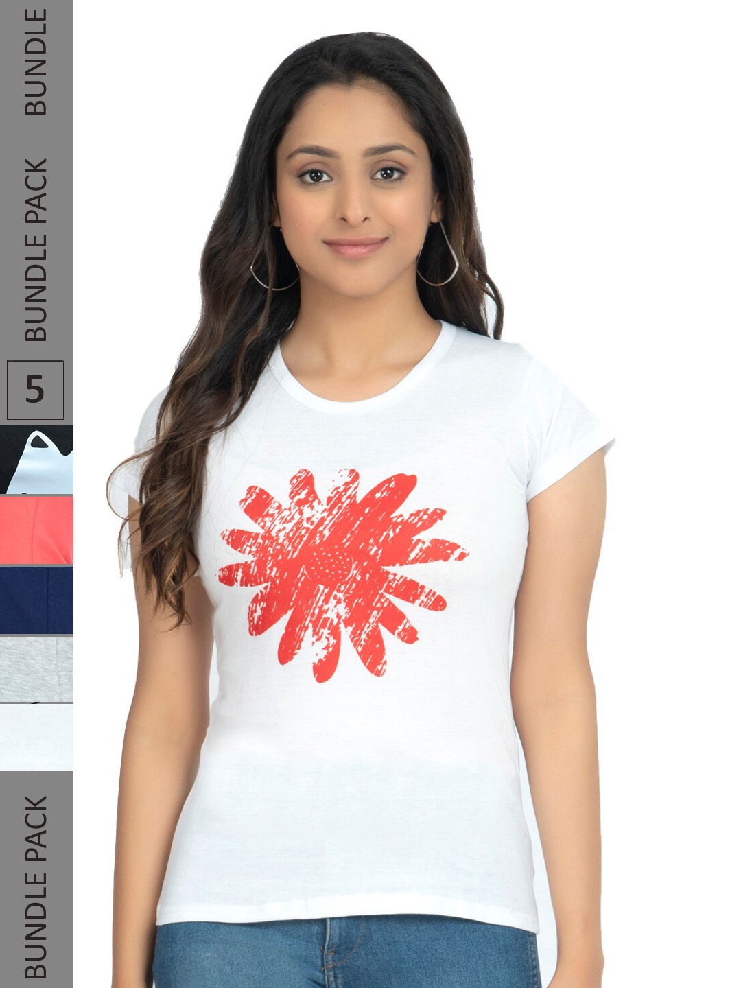 

IndiWeaves Pack of 5 Floral Printed Pure Cotton T-shirt, White