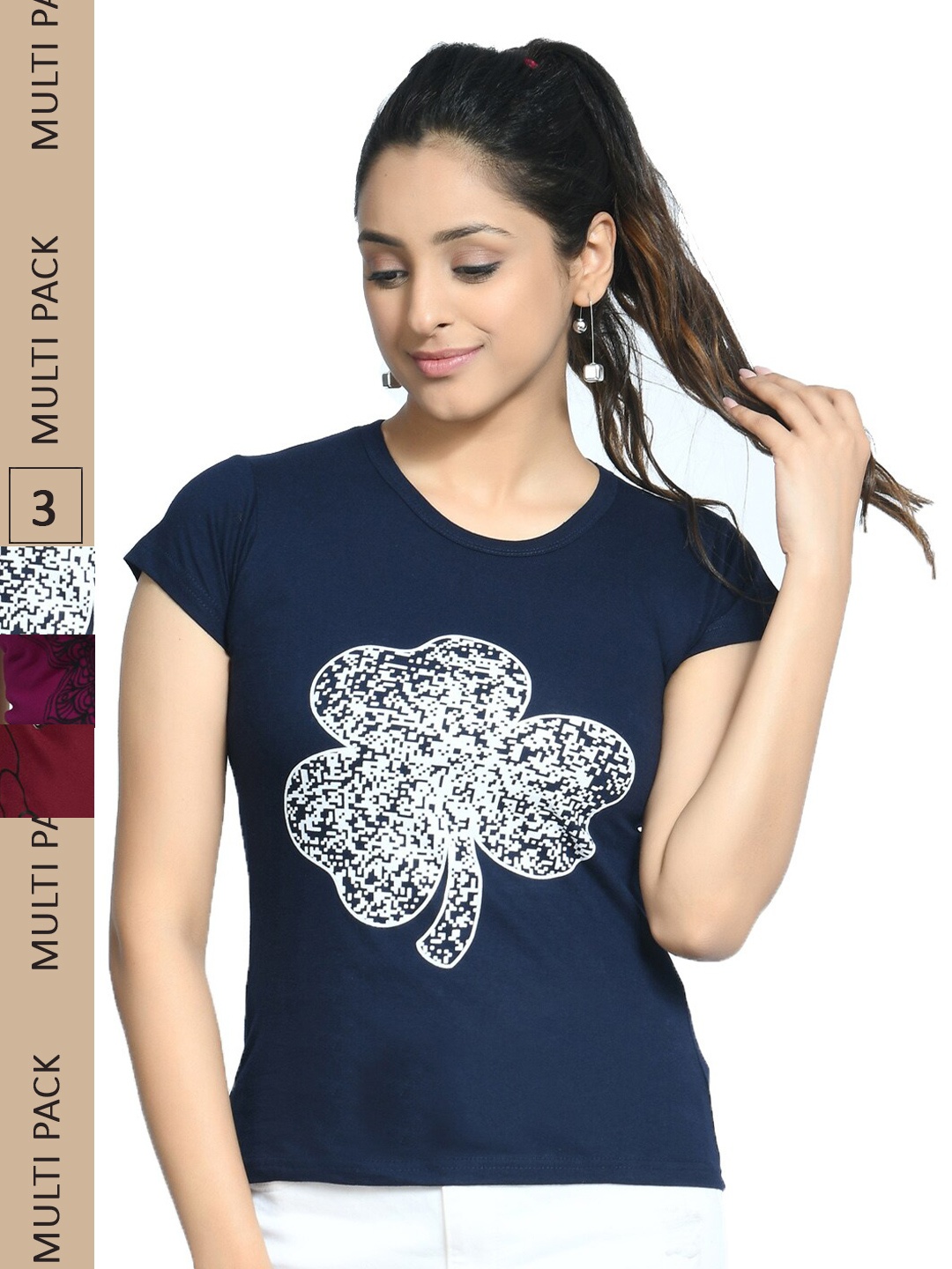 

IndiWeaves Pack Of 3 Printed Pure Cotton T-shirt, Navy blue