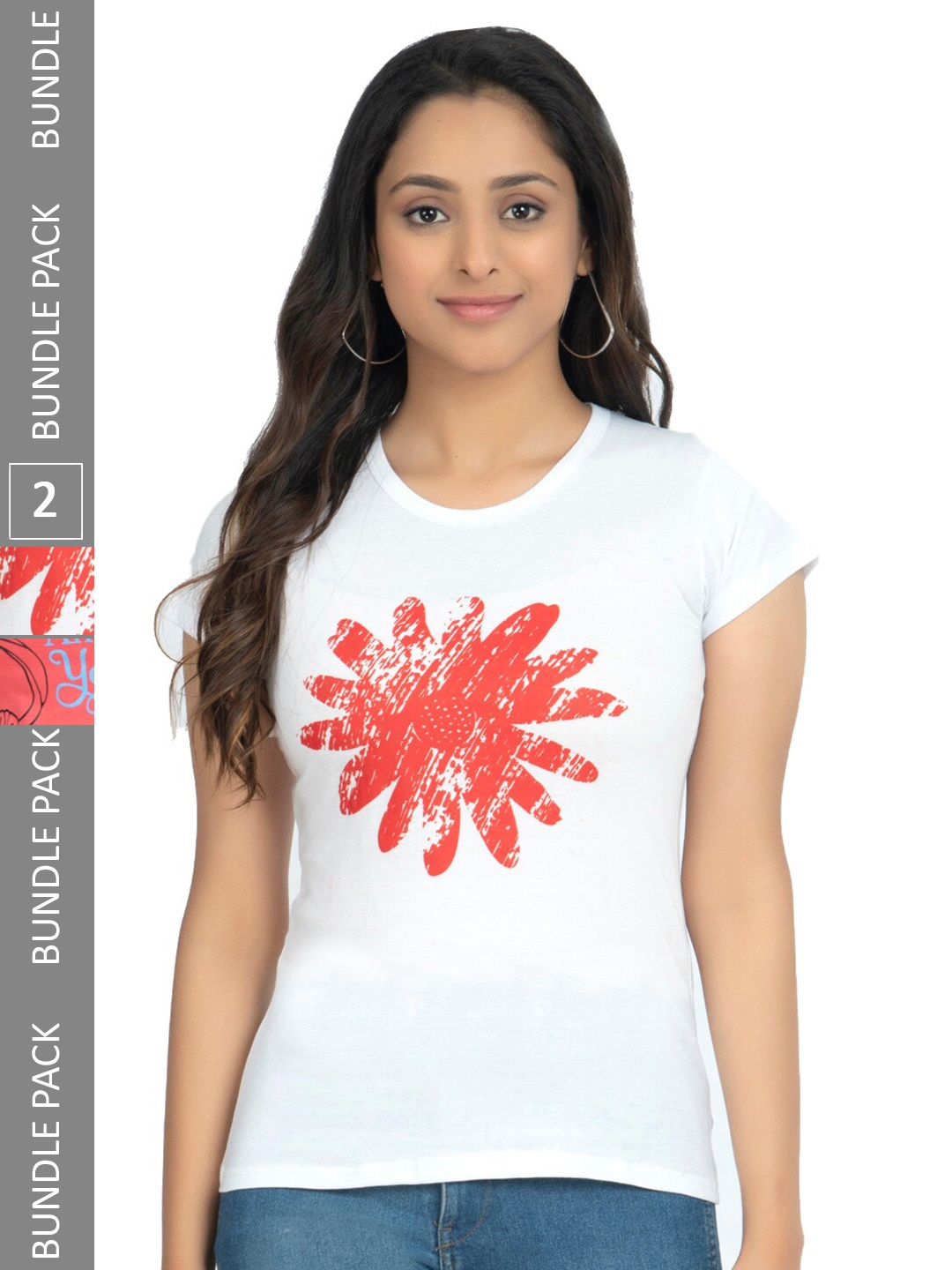 

IndiWeaves Pack Of 2 Floral Printed Pure Cotton T-shirt, White