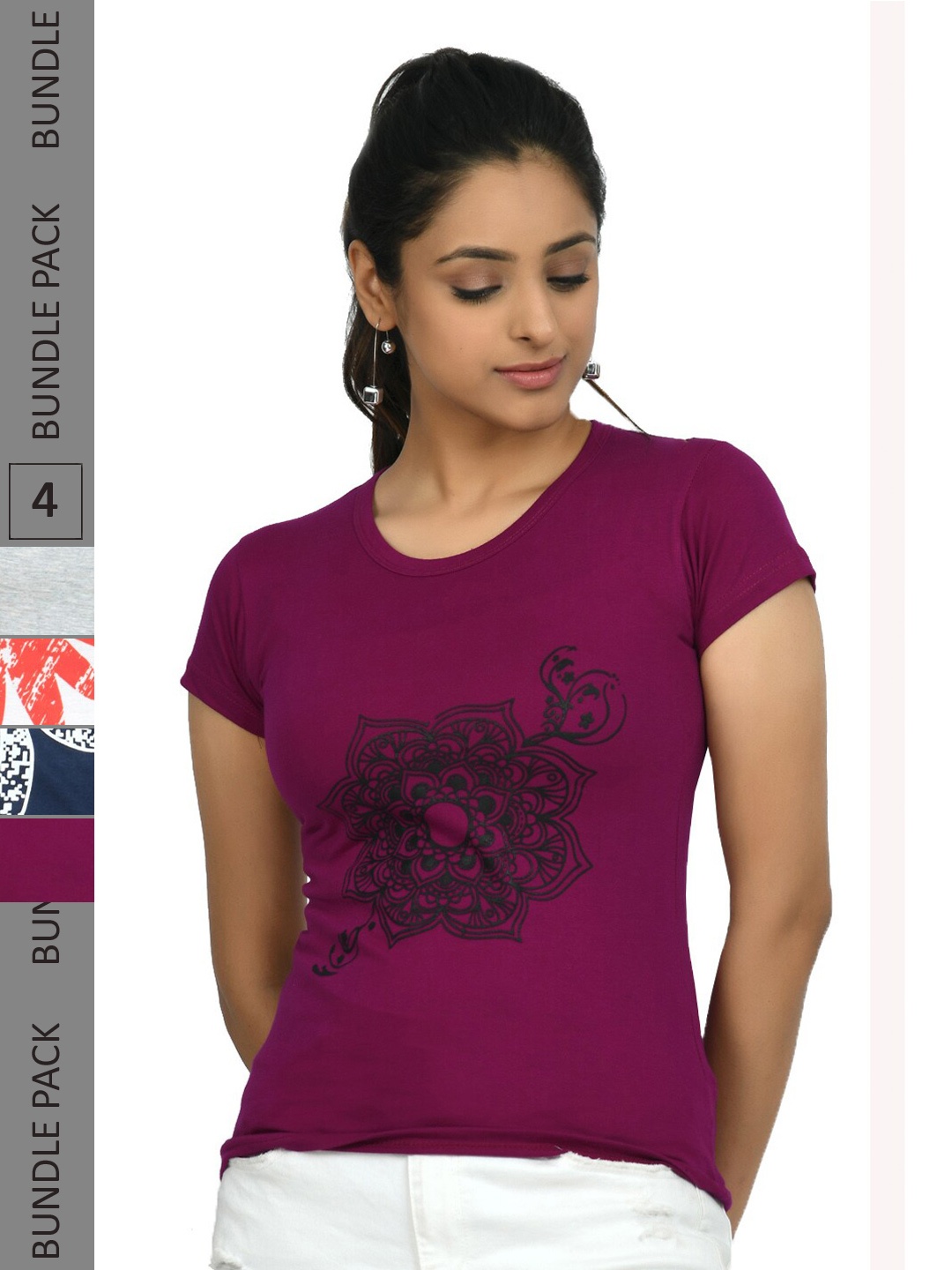 

IndiWeaves Pack Of 4 Printed Pure Cotton T-shirt, Purple