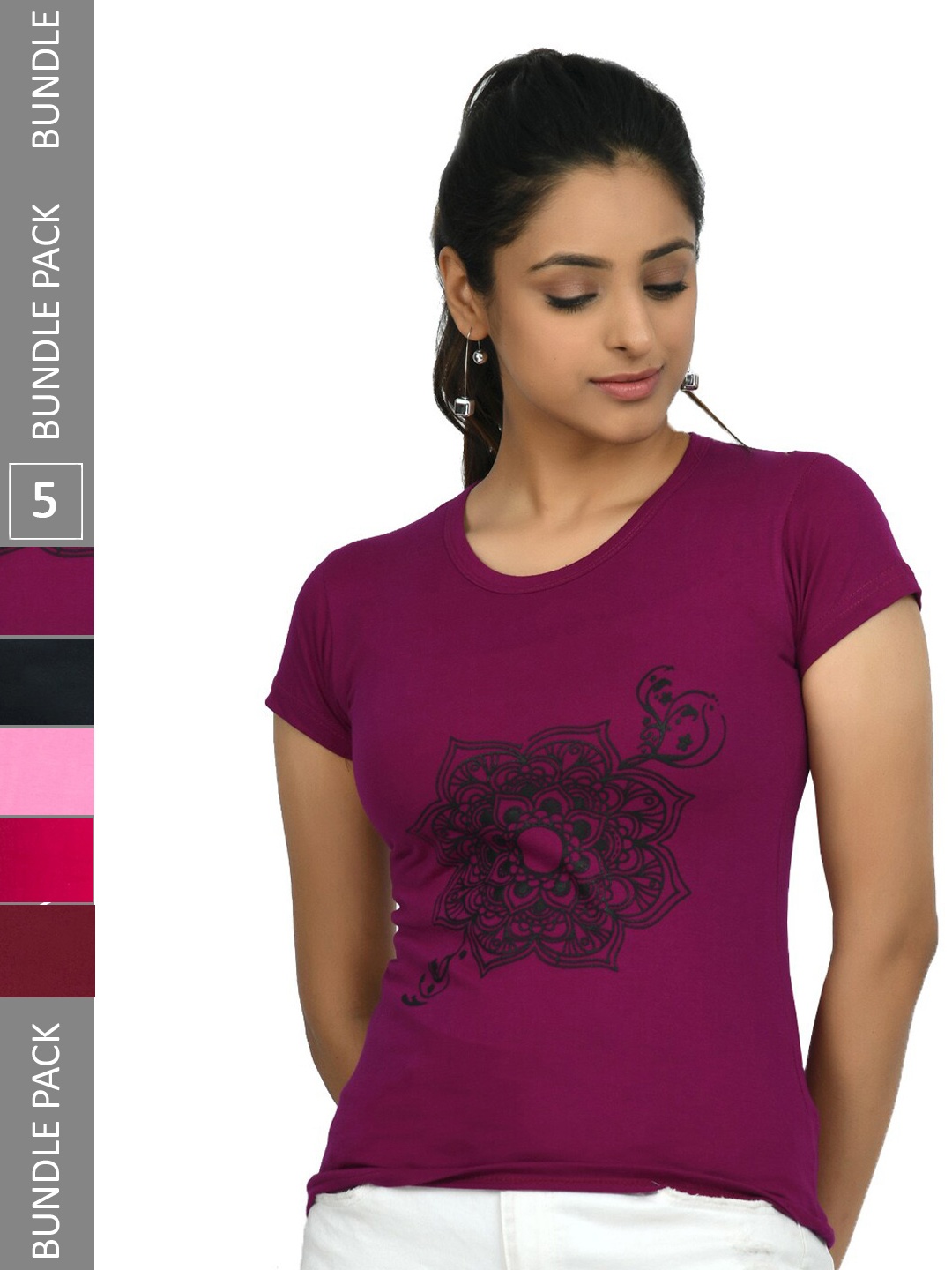 

IndiWeaves Pack Of 5 Printed Pure Cotton T-shirt, Burgundy