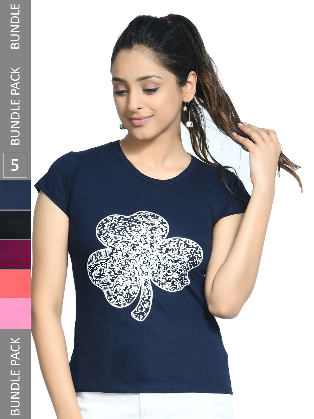 

IndiWeaves Pack Of 5 Printed Pure Cotton T-shirt, Navy blue