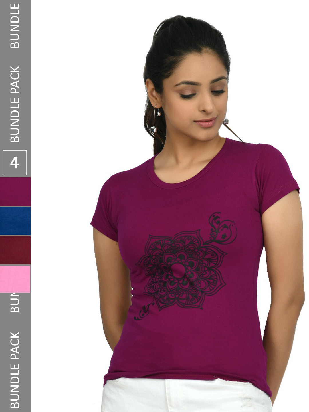 

IndiWeaves Pack Of 4 Printed Pure Cotton T-Shirt, Purple