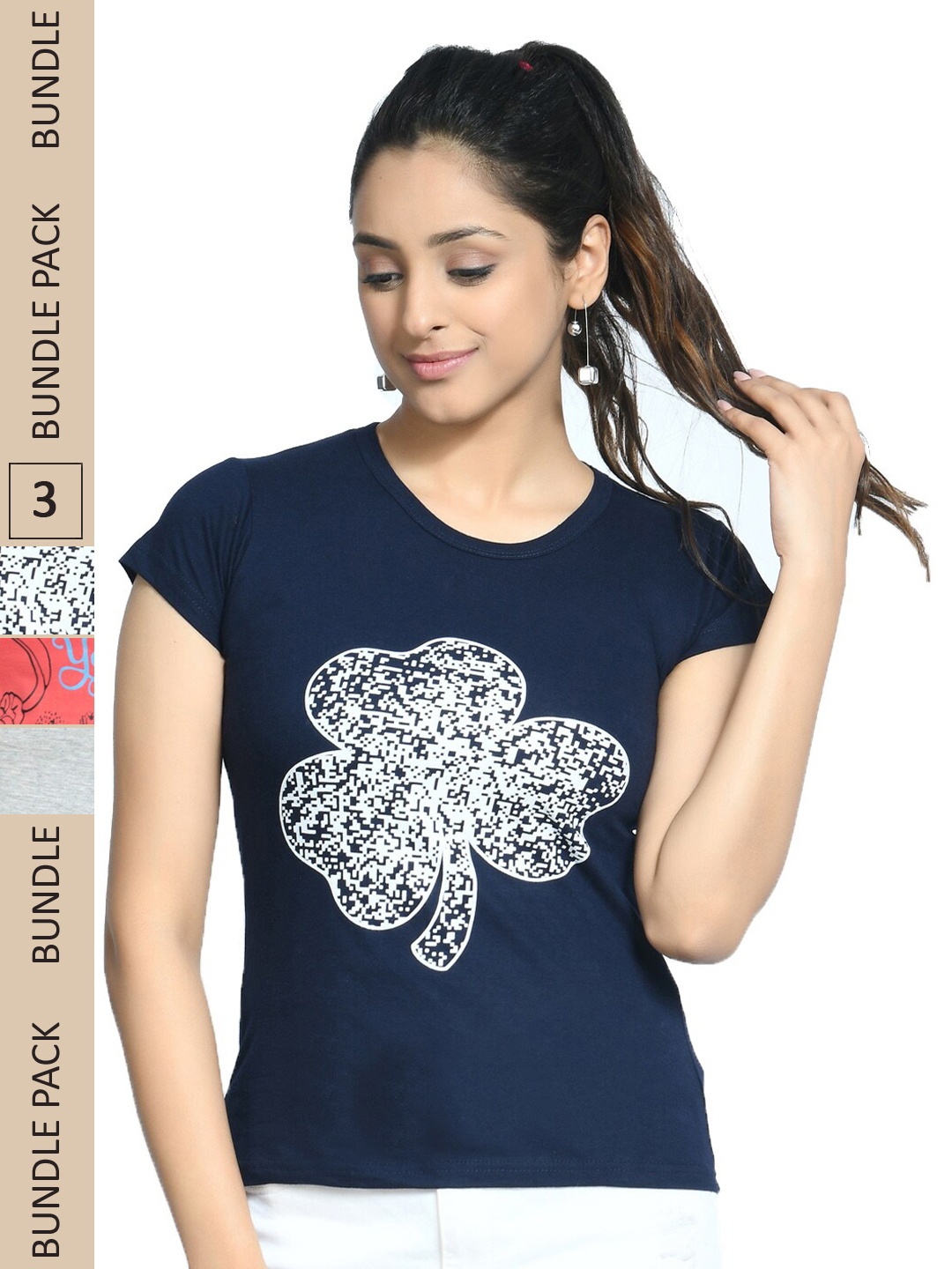 

IndiWeaves Pack Of 3 Printed Pure Cotton T-shirt, Navy blue