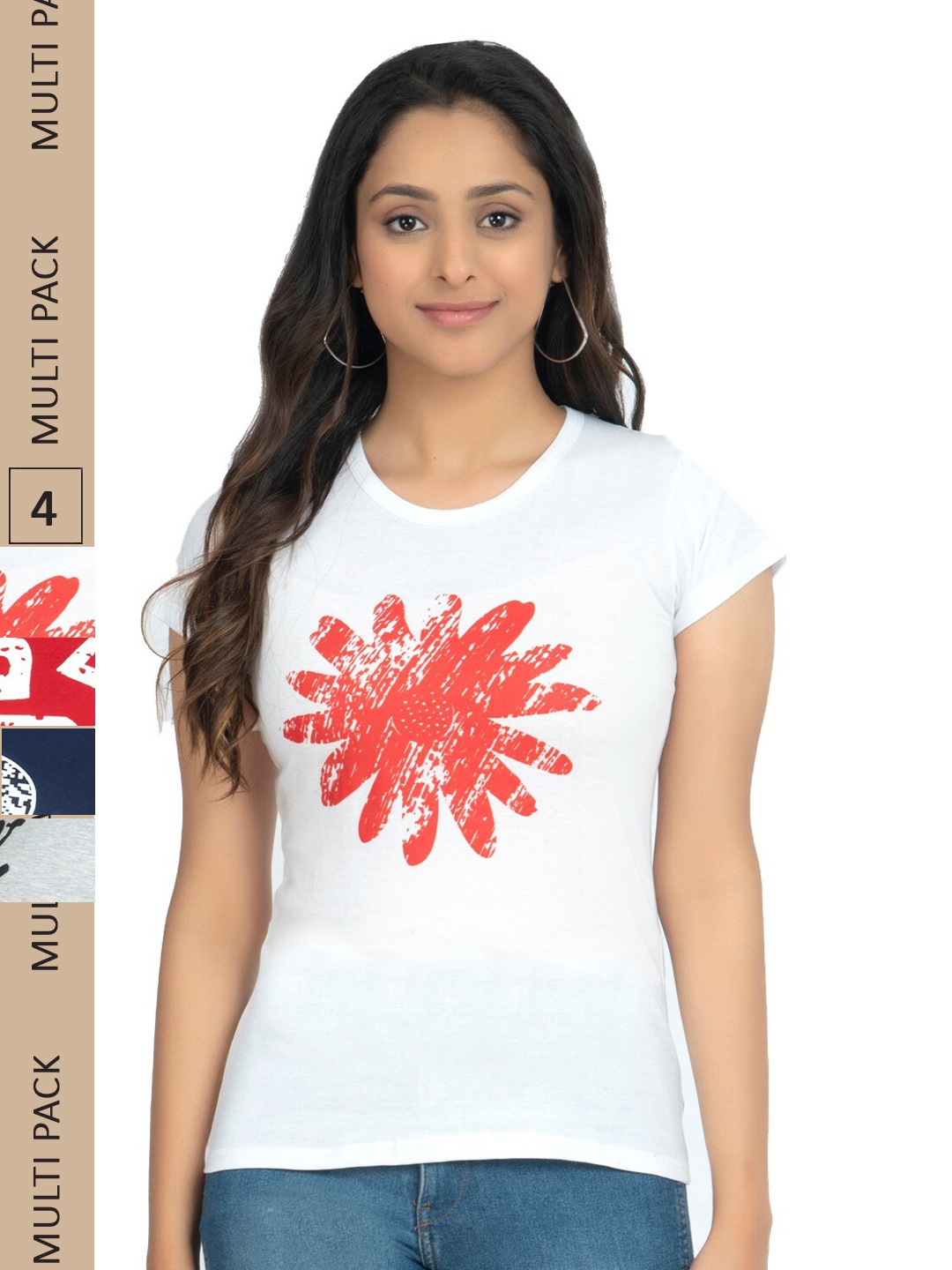 

IndiWeaves Pack Of 4 Floral Printed Pure Cotton T-shirt, White