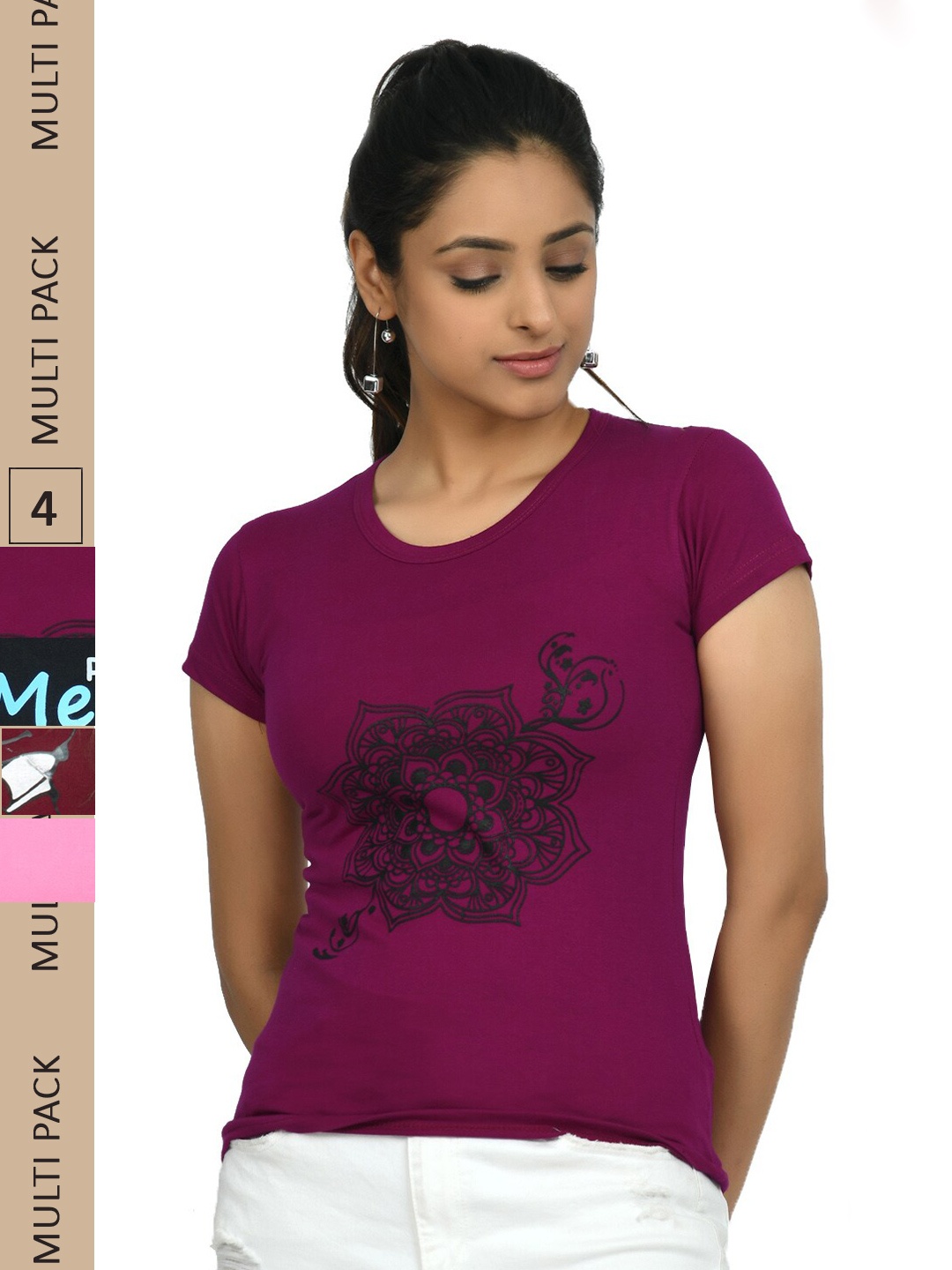 

IndiWeaves Pack of 4 Graphic Printed Pure Cotton T-shirts, Magenta