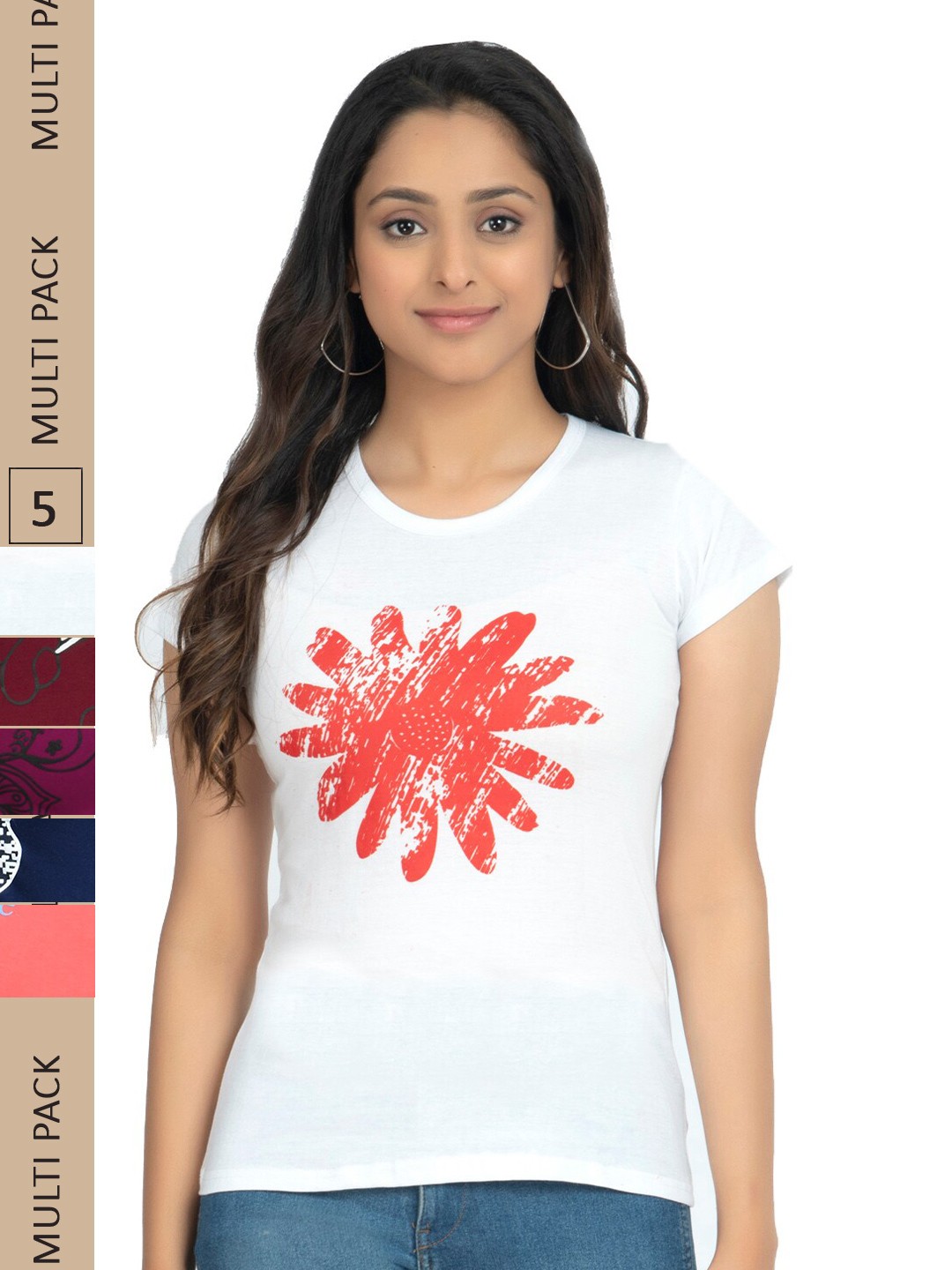 

IndiWeaves Pack Of 5 Printed Pure Cotton T-shirt, White