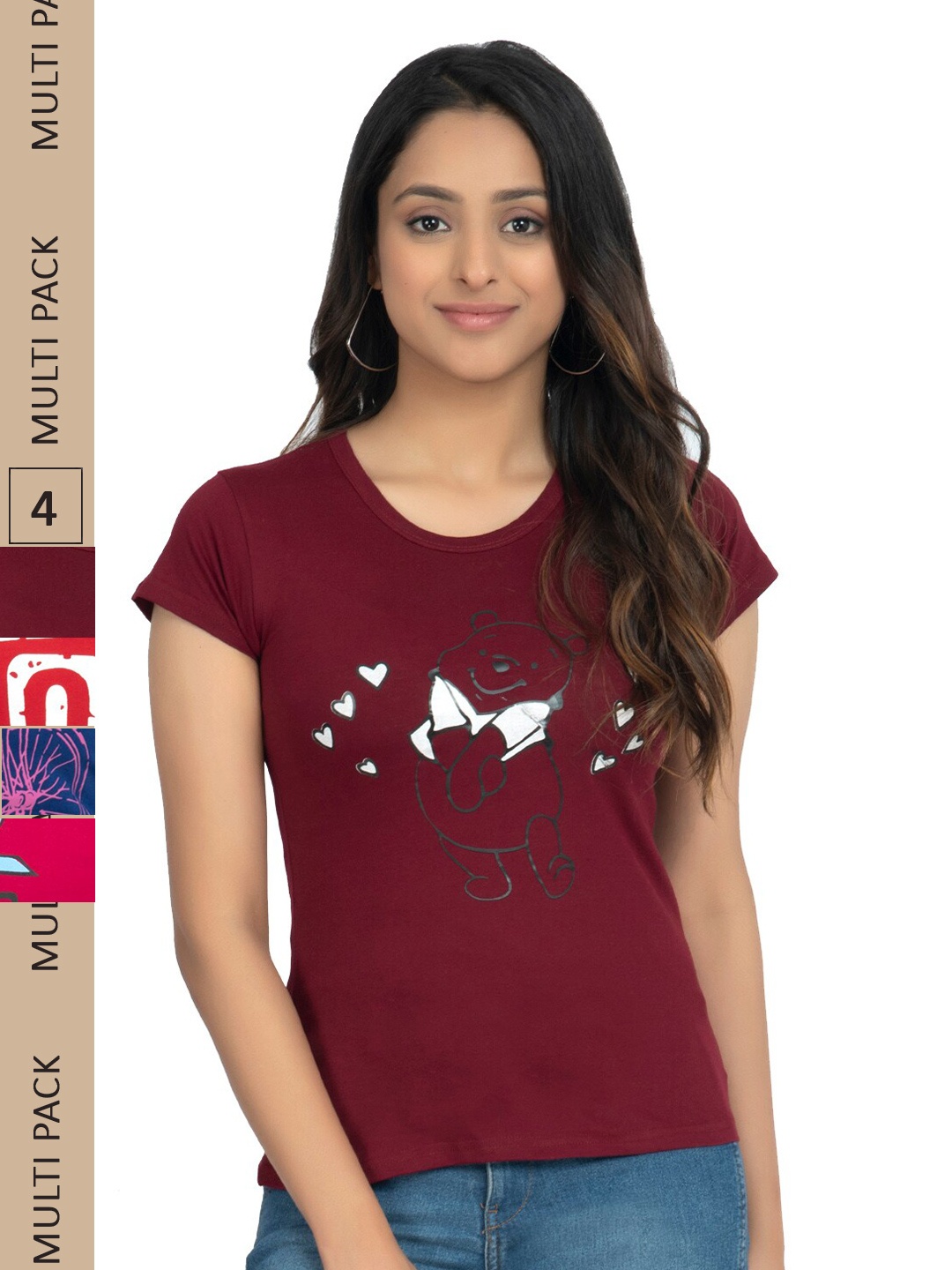 

IndiWeaves Pack Of 4 Printed Pure Cotton T-shirt, Maroon