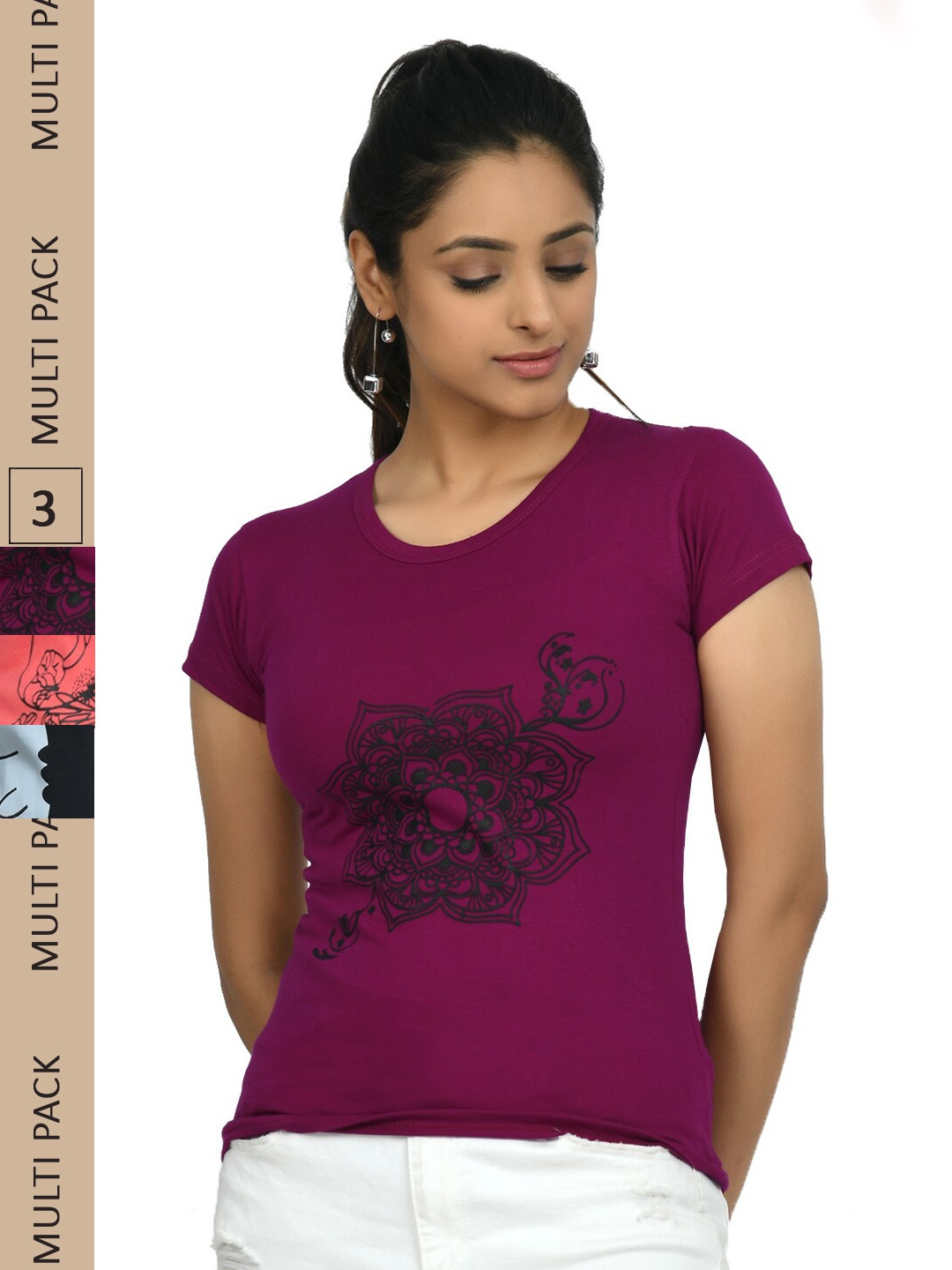 

IndiWeaves Pack of 3 Printed Pure Cotton T-shirts, Magenta